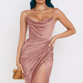 2023 Amazon European and American new spring women's solid color sexy one-line collar pleated slim irregular dress
