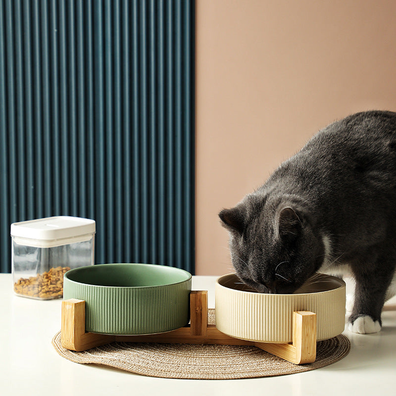 Ceramic pet bowl, simple cat and dog integrated wooden frame, double bowl, cat food bowl, anti-knock drinking bowl, cross-border wholesale