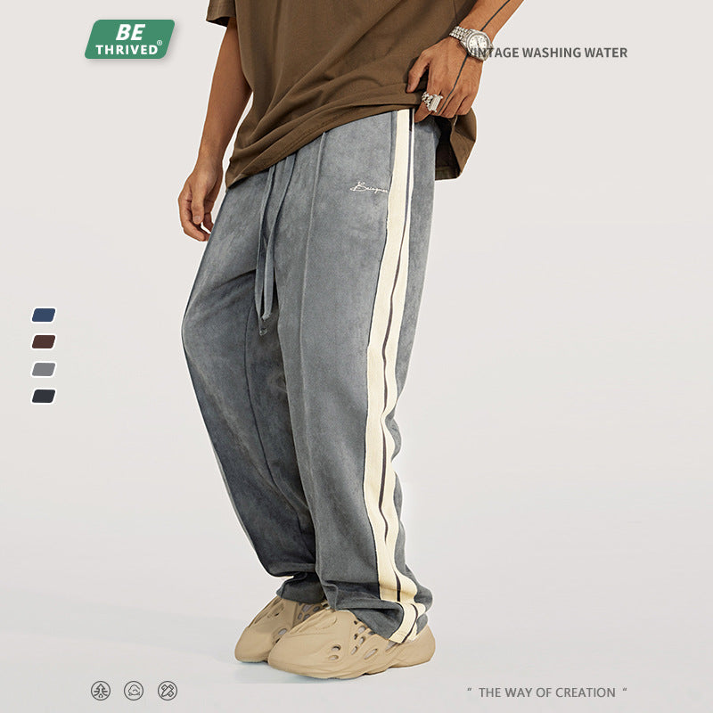 BE Men's Wear | 2023 Autumn and Winter Suede Side Web Embroidered Trousers American Classic Versatile Straight Casual Pants