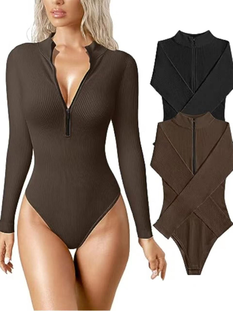 European and American cross-border Amazon 2023 long-sleeved jumpsuit sexy ribbed one-piece front zipper long-sleeved top jumpsuit