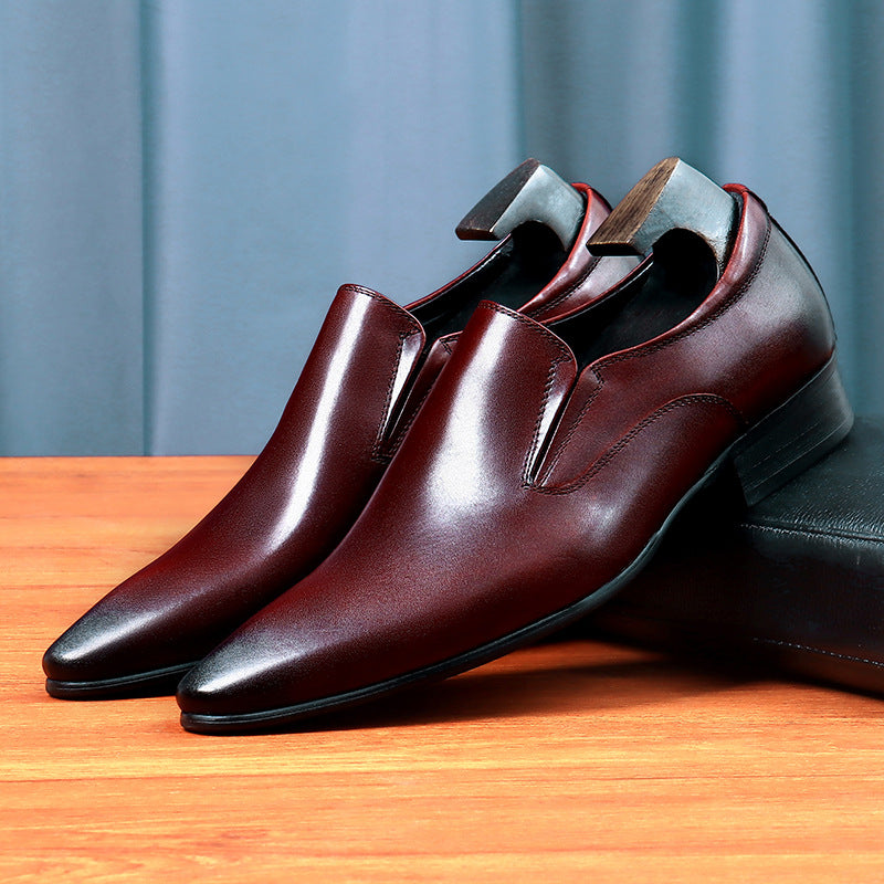 Pointed leather shoes men's business formal genuine leather first layer leather slip-on casual shoes brown British lazy loafers
