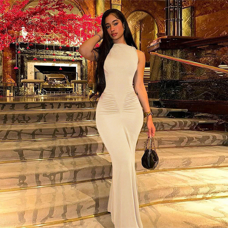 European and American style 2024 spring new style trend temperament commuting solid color pleated high waist hip-wrapped slim fit dress long skirt for women