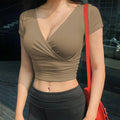AliExpress Ebay Summer Solid Color V-Neck T-Shirt Women's Short Sleeve Sexy Navel Ladies Casual Top Wish