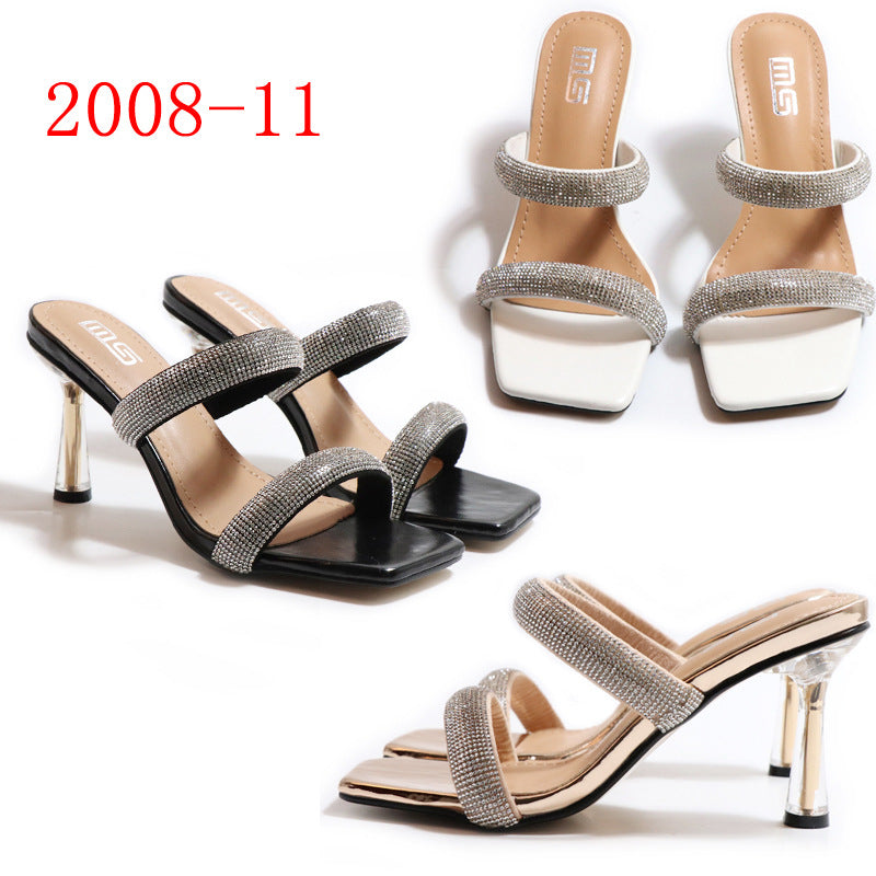Sandals and slippers women's summer 2022 fashion wear crystal stilettos all-match comfortable solid color word with rhinestone slippers