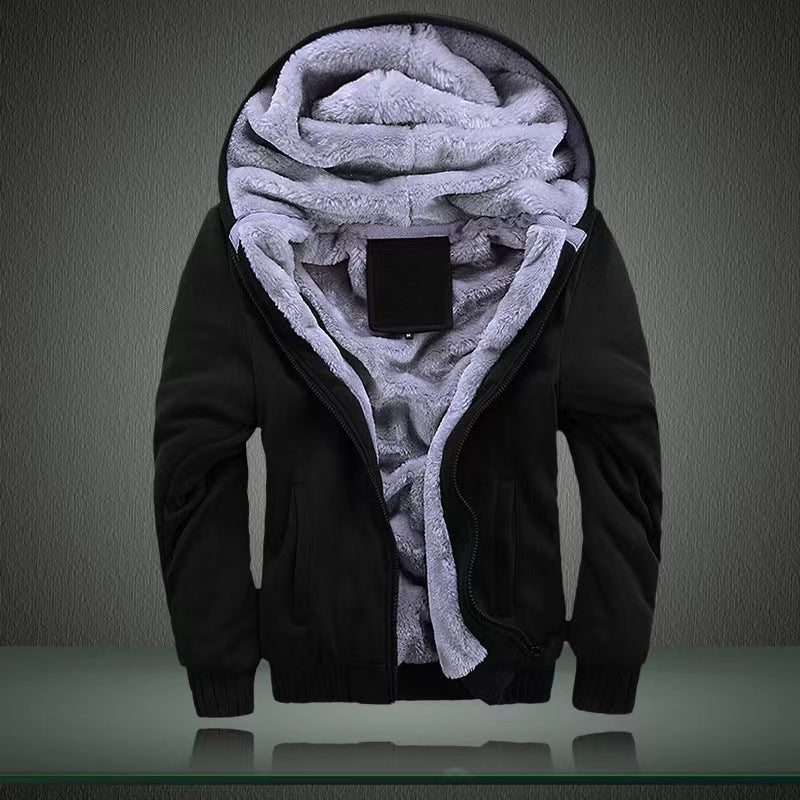 Autumn and winter men's light version solid color hooded plus velvet thickened cardigan jacket youth 2023 new warm tops