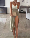 European and American women's clothing 2022 new spring and summer cross-border independent station light green sleeveless pearl swing collar sexy side opening