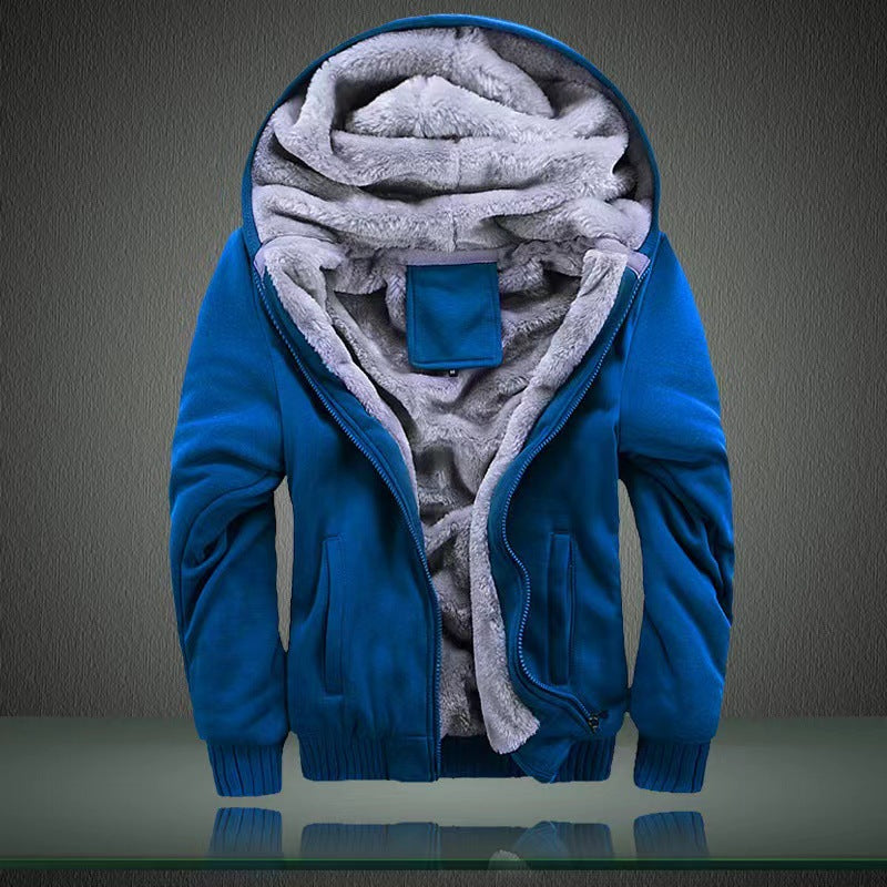 Autumn and winter men's light version solid color hooded plus velvet thickened cardigan jacket youth 2023 new warm tops