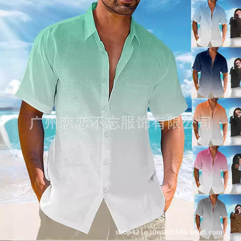 2024 Amazon eBay hot selling summer lapel gradient print short sleeve button linen shirt men's wear