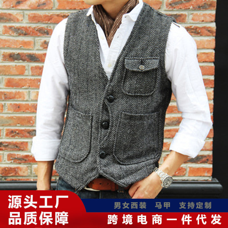 Spot popular herringbone pattern men's suit vest, single-row four-button vest, foreign trade vest on AliExpress