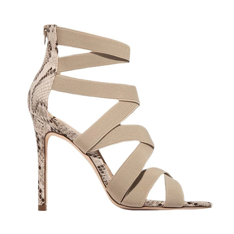 High-heeled shoes women's summer European and American Roman style super high-heeled stiletto elastic belt bag heel and back zipper sandals wholesale