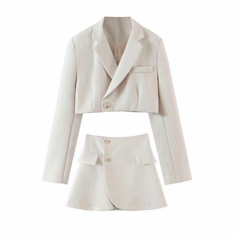 ins fashion casual suit suit female 2021 spring new oblique button short suit jacket + high waist pocket skirt