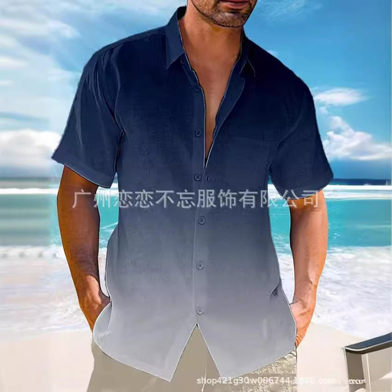 2024 Amazon eBay hot selling summer lapel gradient print short sleeve button linen shirt men's wear