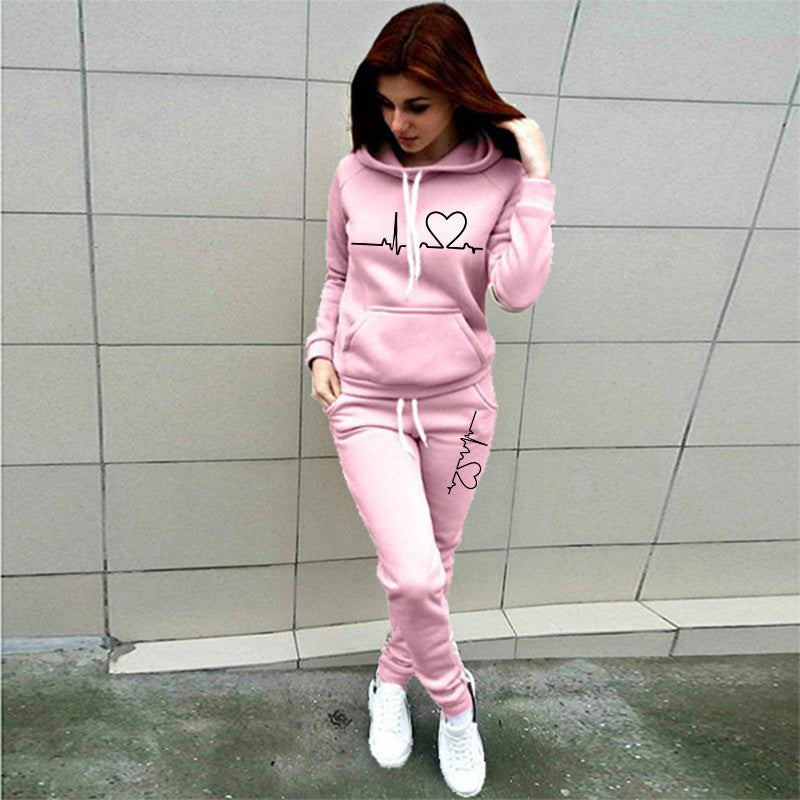 2021 autumn and winter new women's eBay AliExpress wish European and American fashion love printed fleece sports suit women