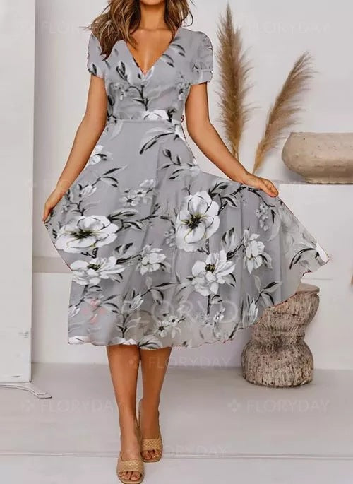 European and American cross-border women's clothing AliExpress Amazon independent station personalized flower printing V-neck short-sleeved dress