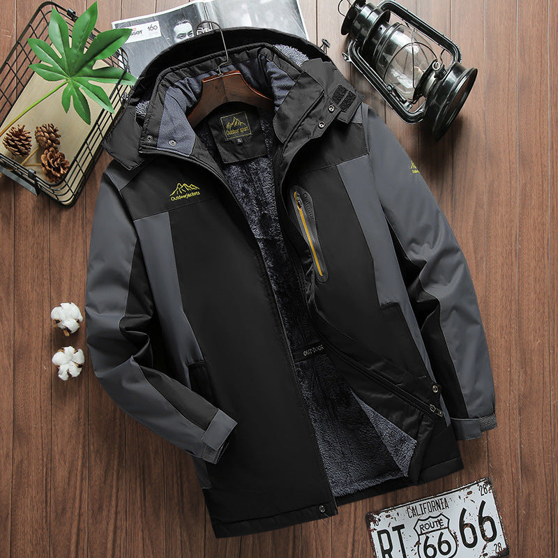Outdoor jacket, large size men's outdoor fishing jacket, winter windproof and cold-resistant plus velvet and thickened mountaineering jacket for men