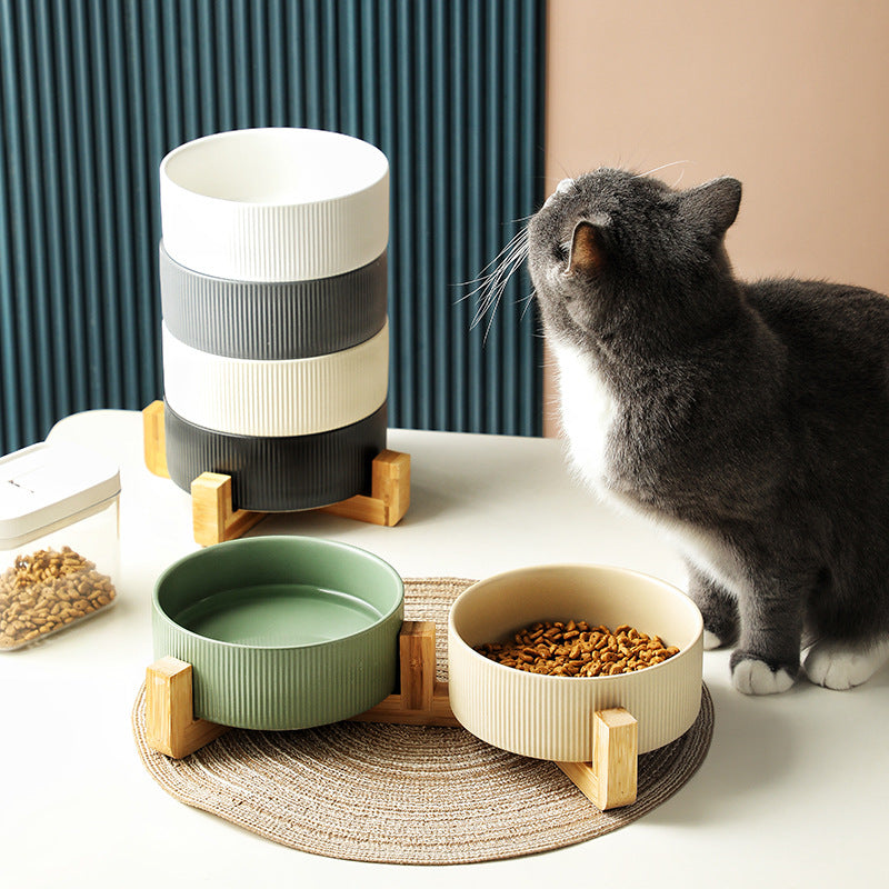 Ceramic pet bowl, simple cat and dog integrated wooden frame, double bowl, cat food bowl, anti-knock drinking bowl, cross-border wholesale