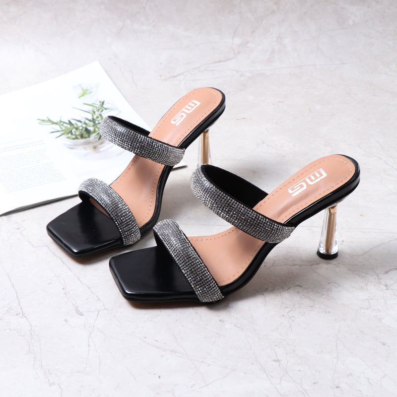 Sandals and slippers women's summer 2022 fashion wear crystal stilettos all-match comfortable solid color word with rhinestone slippers