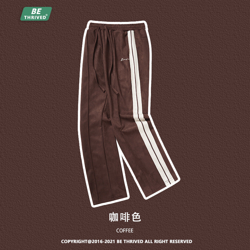 BE Men's Wear | 2023 Autumn and Winter Suede Side Web Embroidered Trousers American Classic Versatile Straight Casual Pants