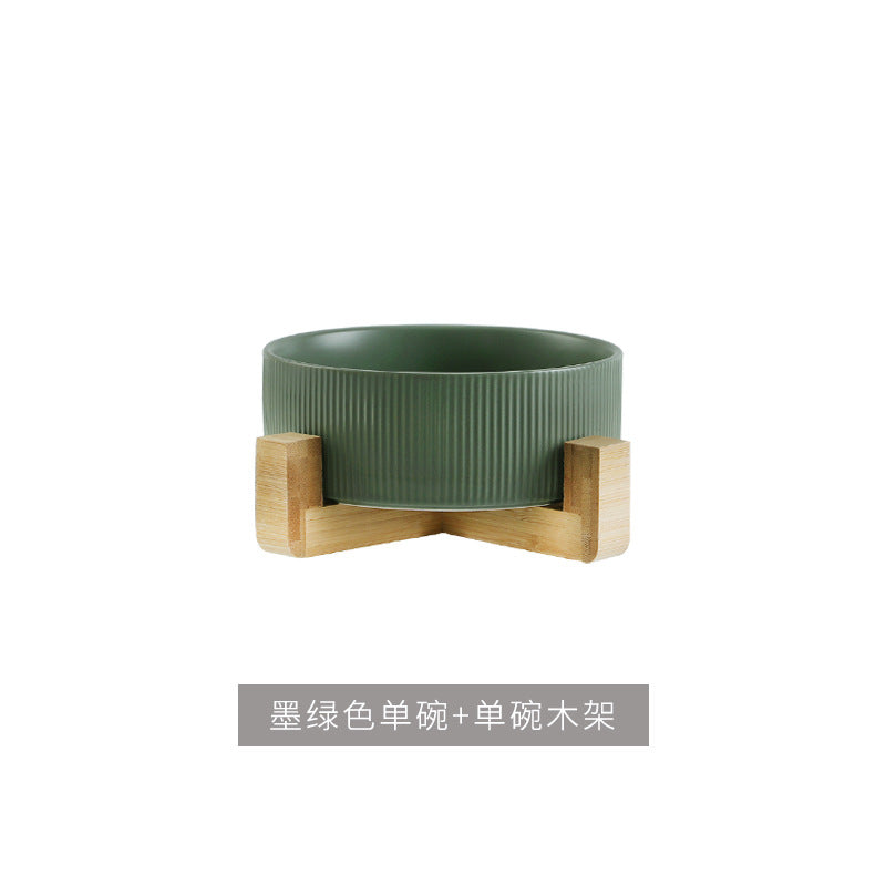 Ceramic pet bowl, simple cat and dog integrated wooden frame, double bowl, cat food bowl, anti-knock drinking bowl, cross-border wholesale