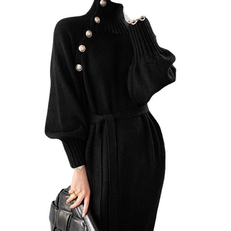 Japanese and Korean lace-up waist knitted dress 2021 autumn and winter new loose and thin all-match turtleneck long sweater women