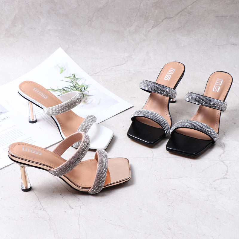 Sandals and slippers women's summer 2022 fashion wear crystal stilettos all-match comfortable solid color word with rhinestone slippers