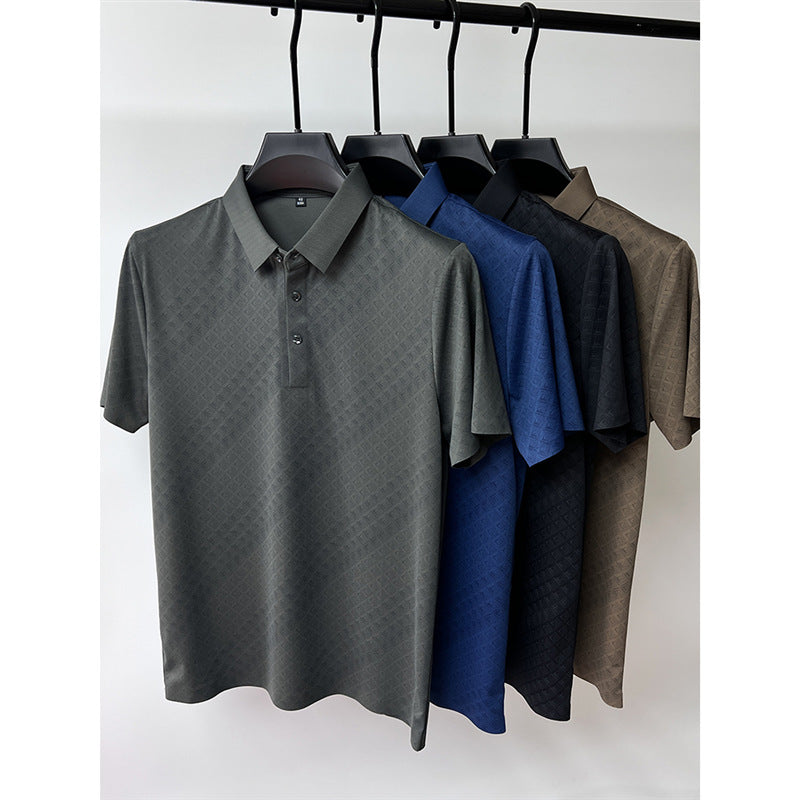 High-end atmospheric ice silk short-sleeved T-shirt men's lapel summer plaid middle-aged dad wear polo shirt half-sleeved top clothes