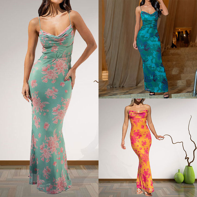 Foreign trade 2024 summer new European and American women's clothing strappy long skirt floral slim hip-wrapped printed suspender dress female