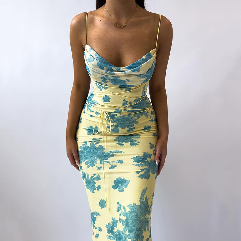 Foreign trade 2024 summer new European and American women's clothing strappy long skirt floral slim hip-wrapped printed suspender dress female