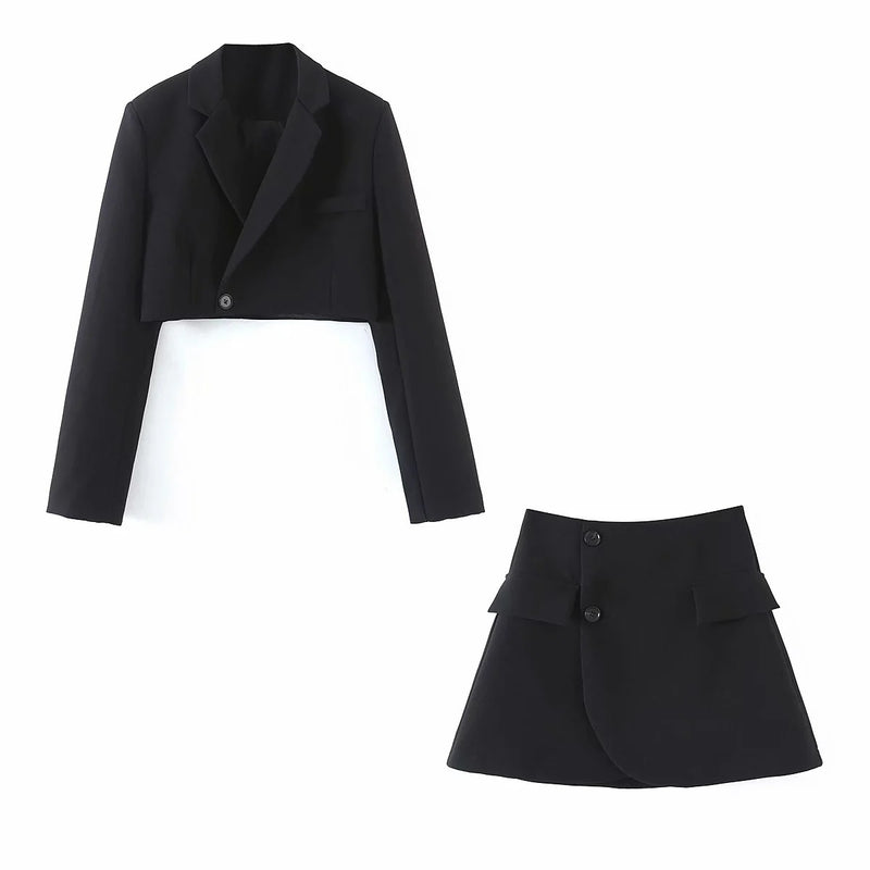 ins fashion casual suit suit female 2021 spring new oblique button short suit jacket + high waist pocket skirt