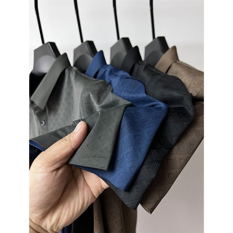 High-end atmospheric ice silk short-sleeved T-shirt men's lapel summer plaid middle-aged dad wear polo shirt half-sleeved top clothes