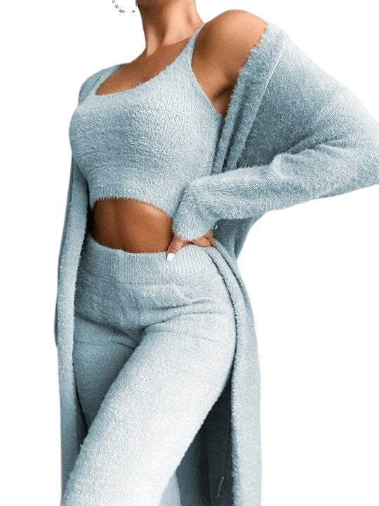 Spot real shot! European and American new sexy V-neck plush short vest and trousers three-piece suit women