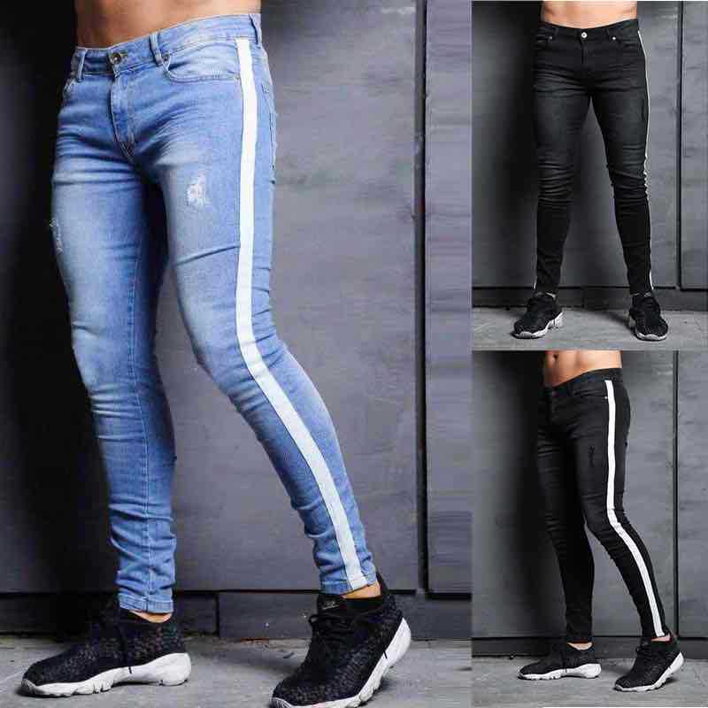 European and American fashion small-footed jeans men wish new trendy knee-holes explosive denim small-footed pants