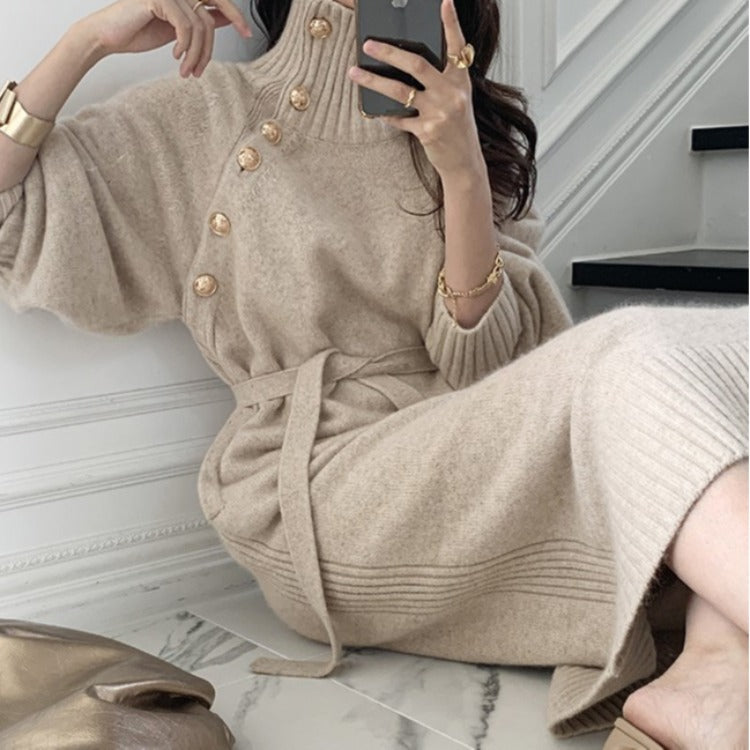 Japanese and Korean lace-up waist knitted dress 2021 autumn and winter new loose and thin all-match turtleneck long sweater women