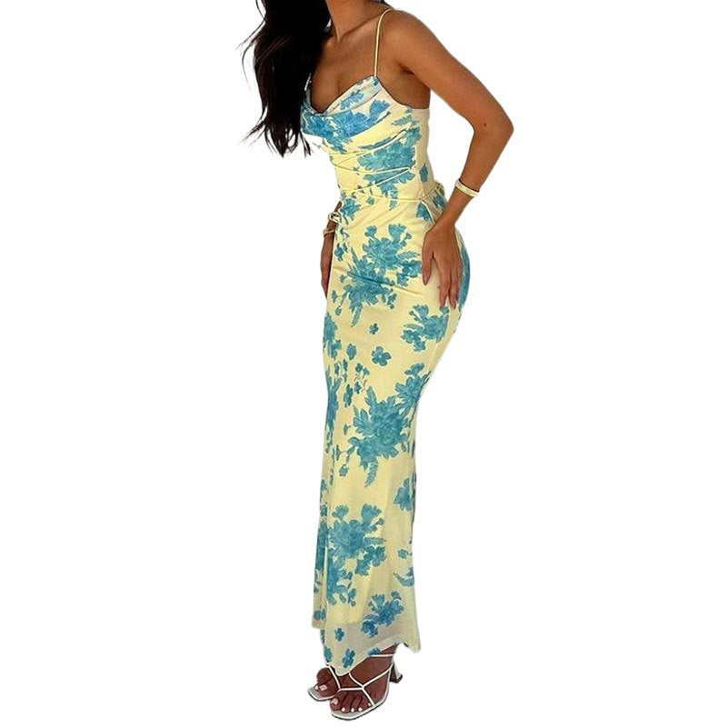 Foreign trade 2024 summer new European and American women's clothing strappy long skirt floral slim hip-wrapped printed suspender dress female