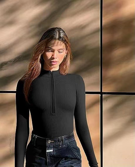 European and American cross-border Amazon 2023 long-sleeved jumpsuit sexy ribbed one-piece front zipper long-sleeved top jumpsuit