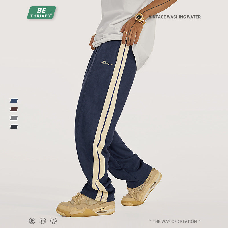 BE Men's Wear | 2023 Autumn and Winter Suede Side Web Embroidered Trousers American Classic Versatile Straight Casual Pants