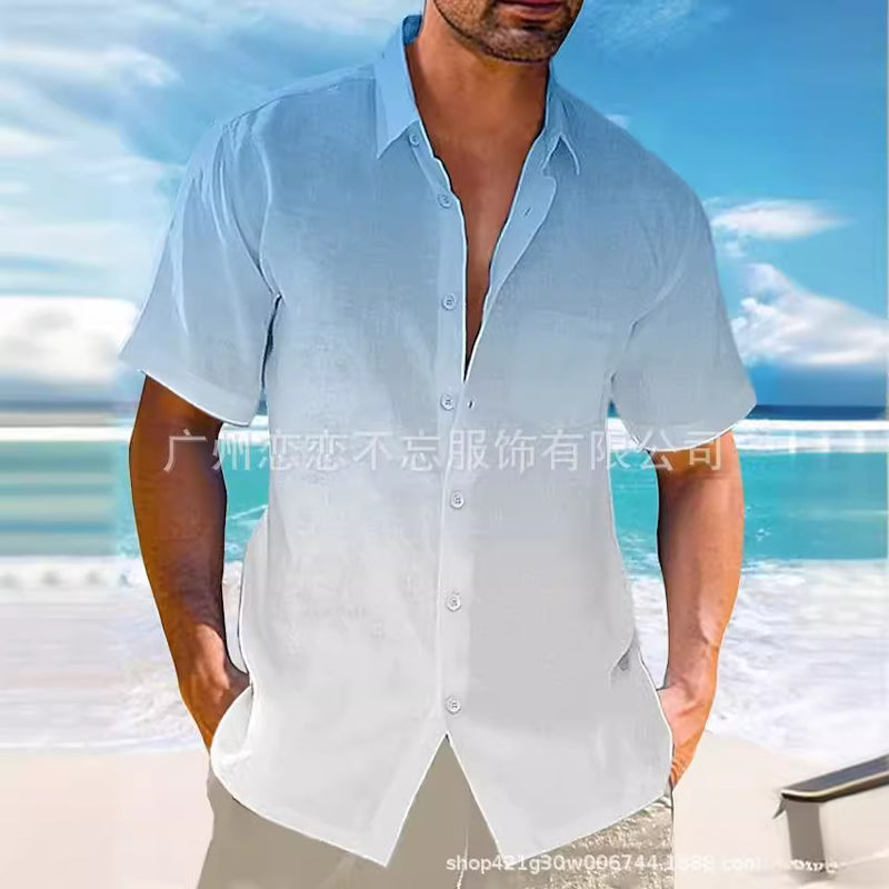 2024 Amazon eBay hot selling summer lapel gradient print short sleeve button linen shirt men's wear