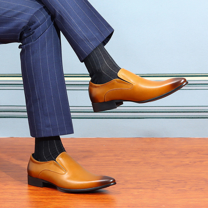 Pointed leather shoes men's business formal genuine leather first layer leather slip-on casual shoes brown British lazy loafers