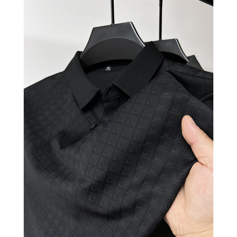 High-end atmospheric ice silk short-sleeved T-shirt men's lapel summer plaid middle-aged dad wear polo shirt half-sleeved top clothes