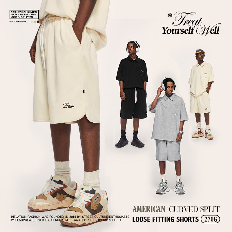 INF Men's Clothing | American Curved Slit Loose Shorts 2023 Summer New Arrival Letter Embroidery Personalized Quarter Pants Men
