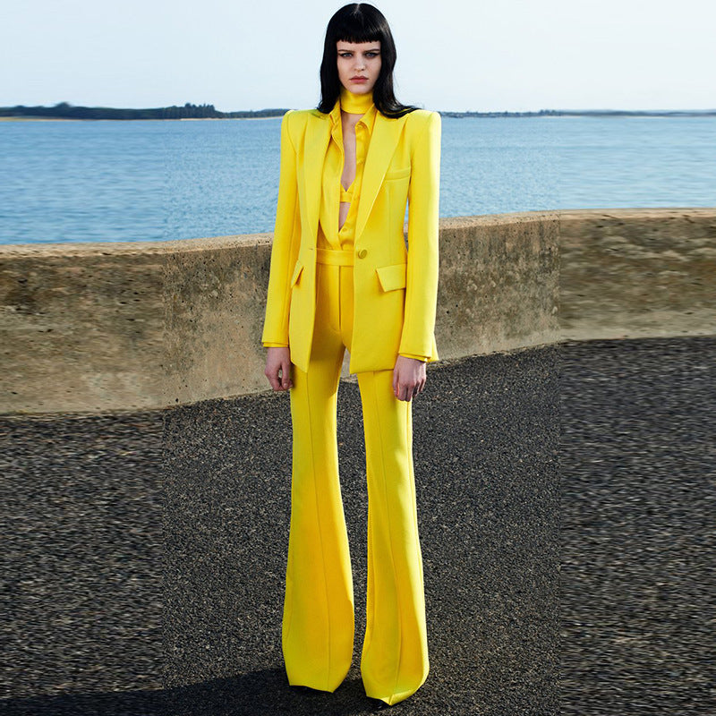 2021 European and American star professional wear fashion one button cloth button mid-length suit + flared pants two-piece suit