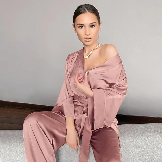 European and American foreign trade sexy lingerie, women's nightgown, sexy home pajamas, stretch satin top and pants two-piece set