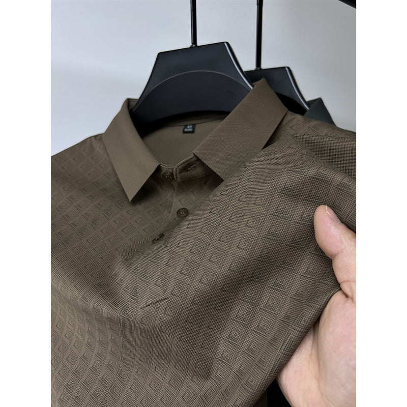 High-end atmospheric ice silk short-sleeved T-shirt men's lapel summer plaid middle-aged dad wear polo shirt half-sleeved top clothes