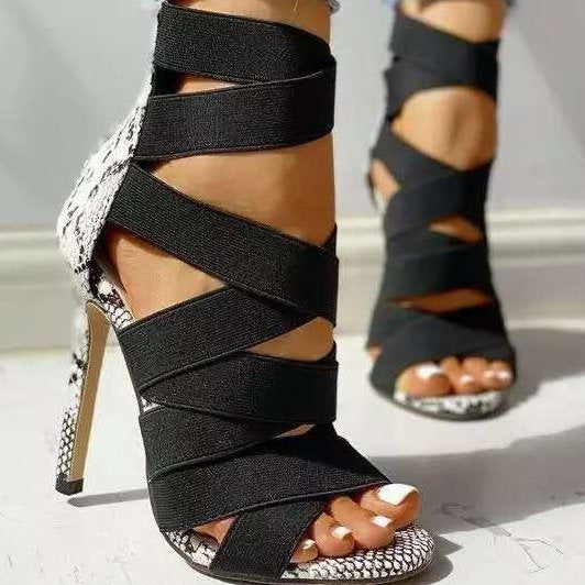 High-heeled shoes women's summer European and American Roman style super high-heeled stiletto elastic belt bag heel and back zipper sandals wholesale