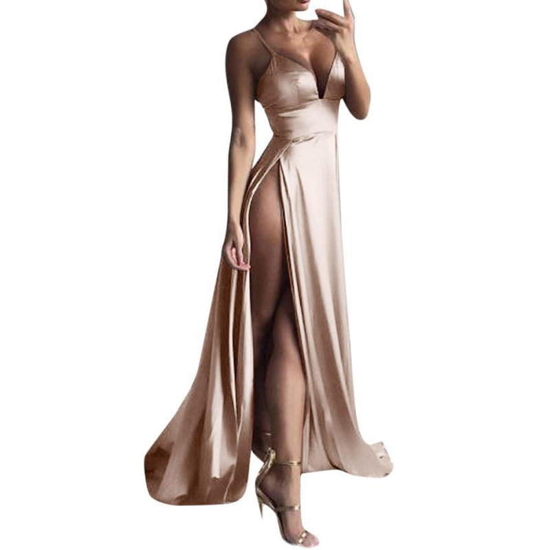 Summer forged suspenders deep V-neck backless official picture solid color slit mid-waist long skirt temperament commuter women's clothing
