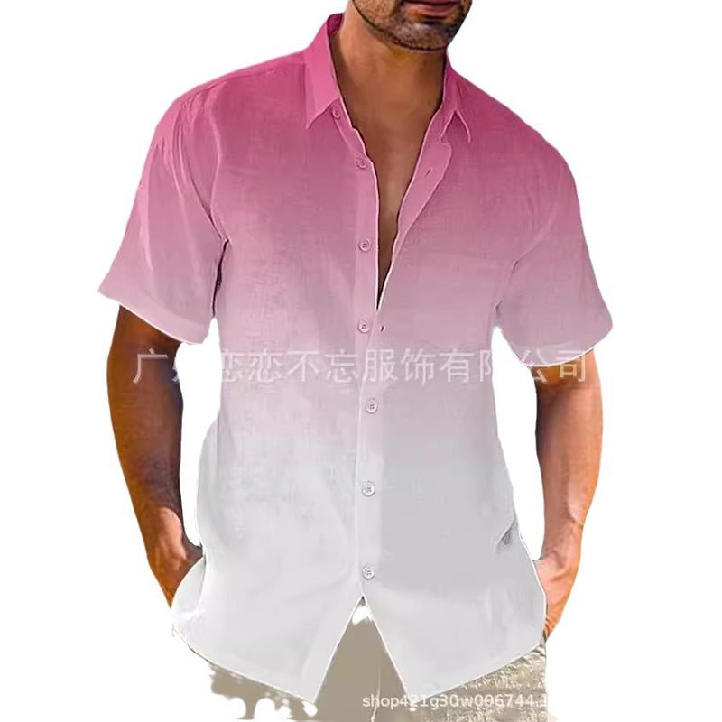 2024 Amazon eBay hot selling summer lapel gradient print short sleeve button linen shirt men's wear