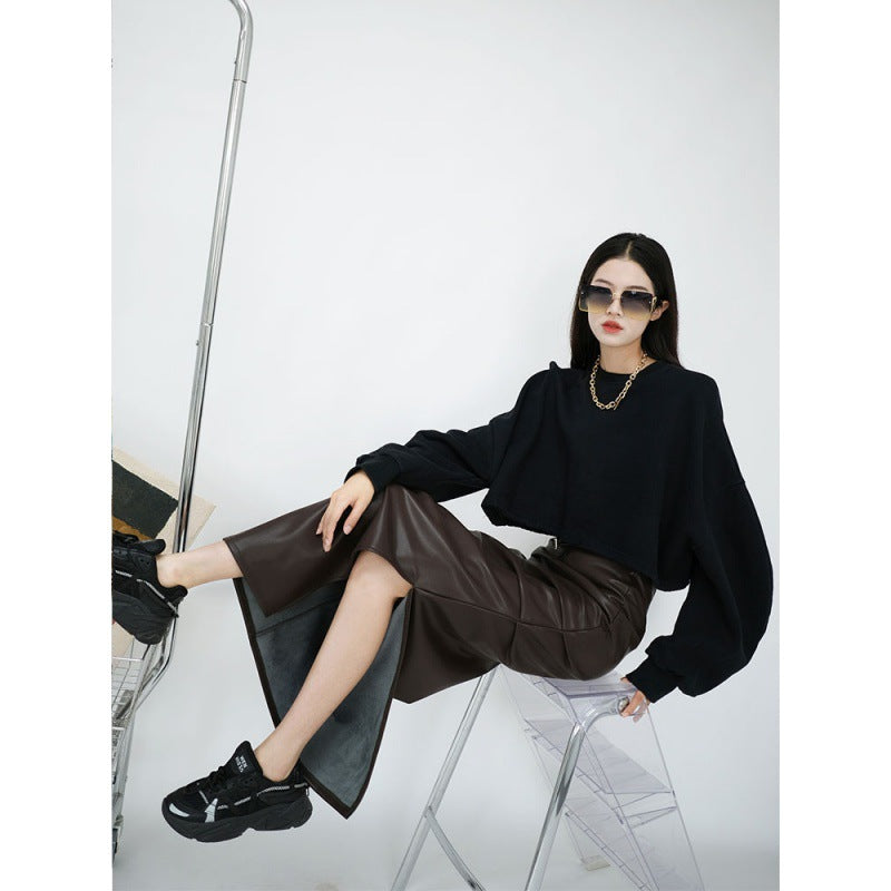 Real shot of autumn high-waist pleated slit hip-covering slimming A-line medium-length half-length leather skirt for women extended version
