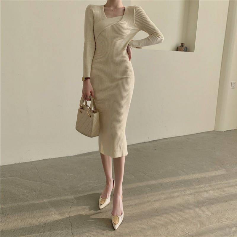 Knitted dress, French style, retro with coat, long skirt, feminine, sexy, tight-fitting bag, knitting on the hip