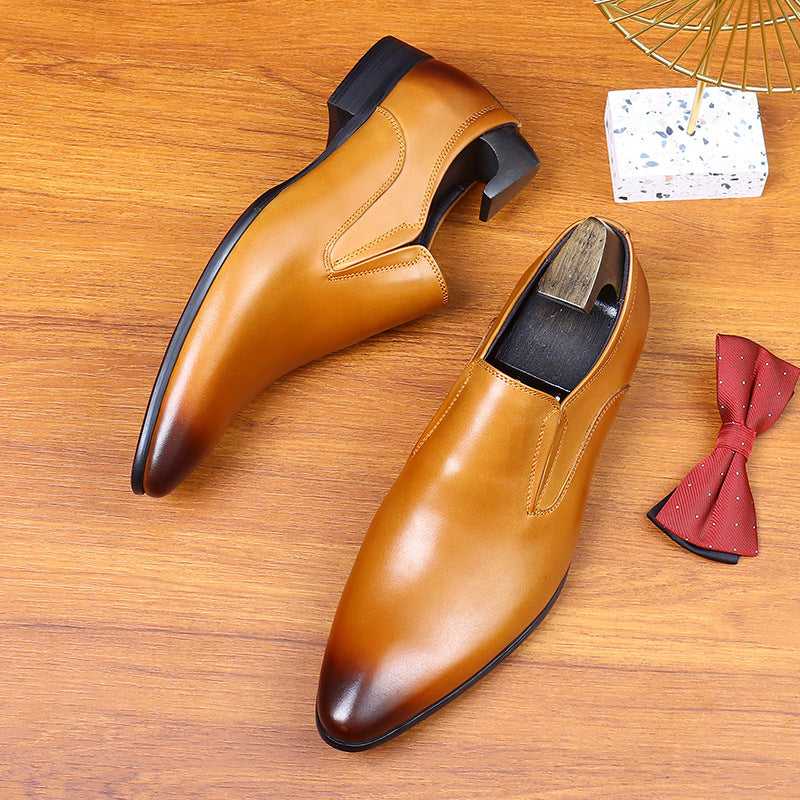 Pointed leather shoes men's business formal genuine leather first layer leather slip-on casual shoes brown British lazy loafers