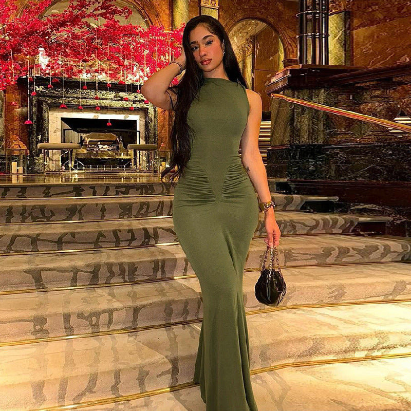 European and American style 2024 spring new style trend temperament commuting solid color pleated high waist hip-wrapped slim fit dress long skirt for women